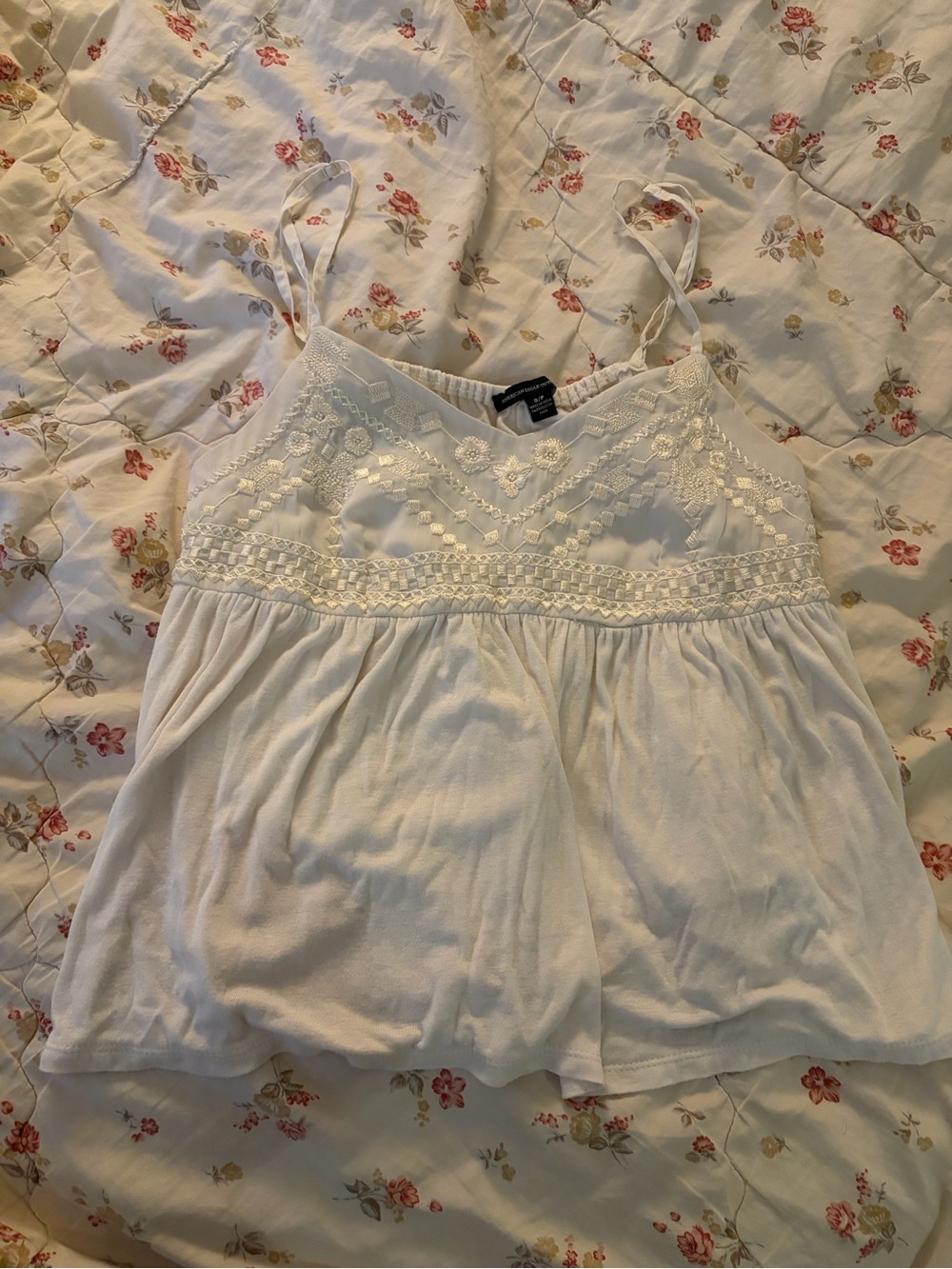 American Eagle Outfitters White Embroidered Spaghetti Strap Tank Top